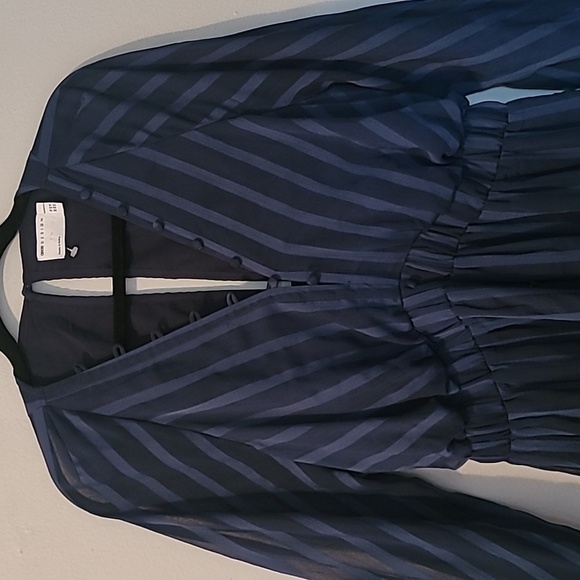 ASOS Curve Maternity Sz 12 Navy Satin Chiffon Sheer Striped Ruffles Midi Dress - Picture 4 of 16